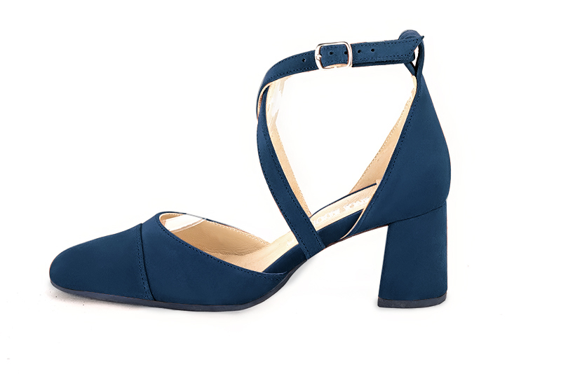 Navy blue women's open side shoes, with crossed straps. Round toe. Medium flare heels. Profile view - Florence KOOIJMAN